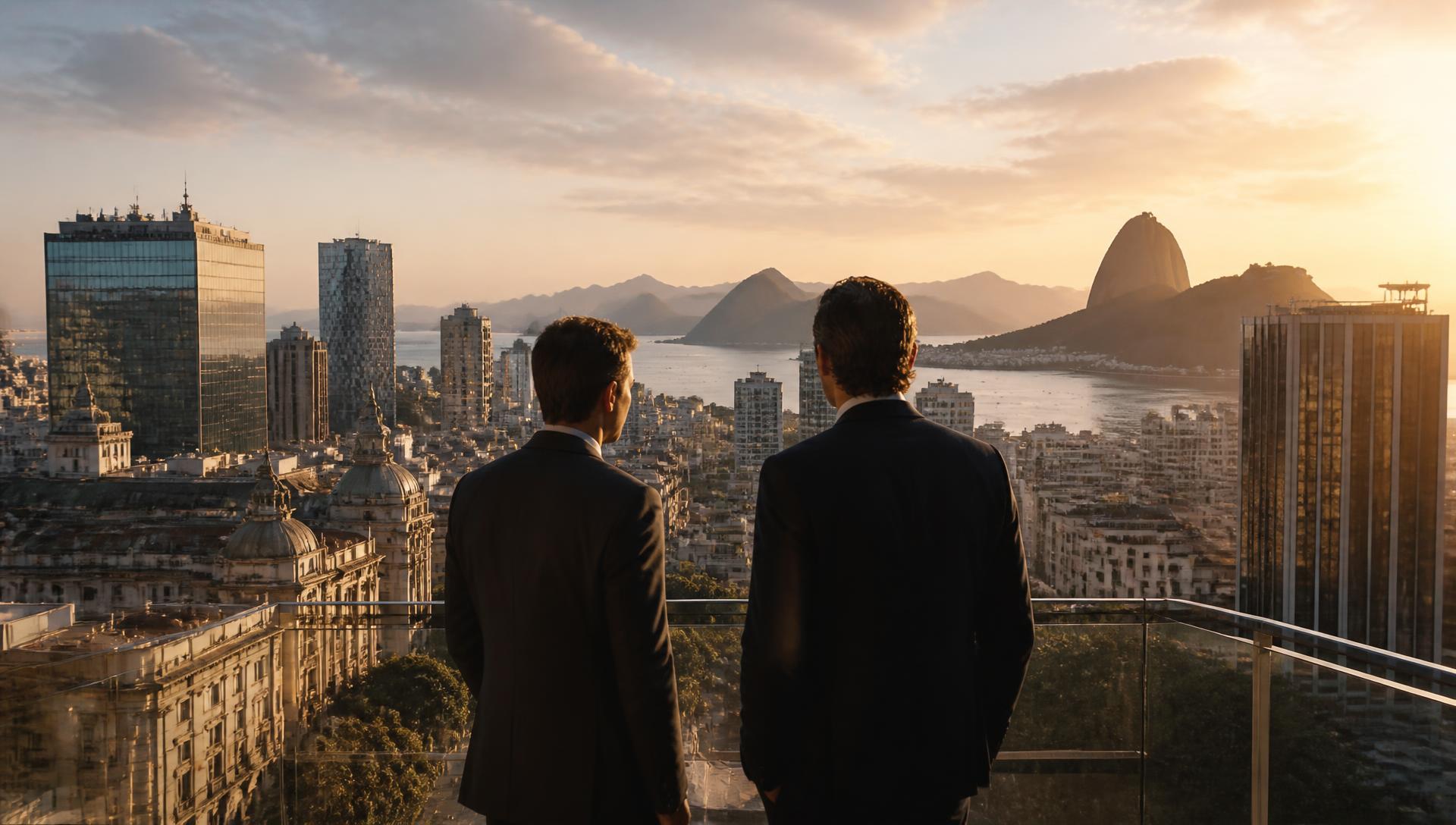 Business leaders overlooking a Brazilian city skyline at sunset